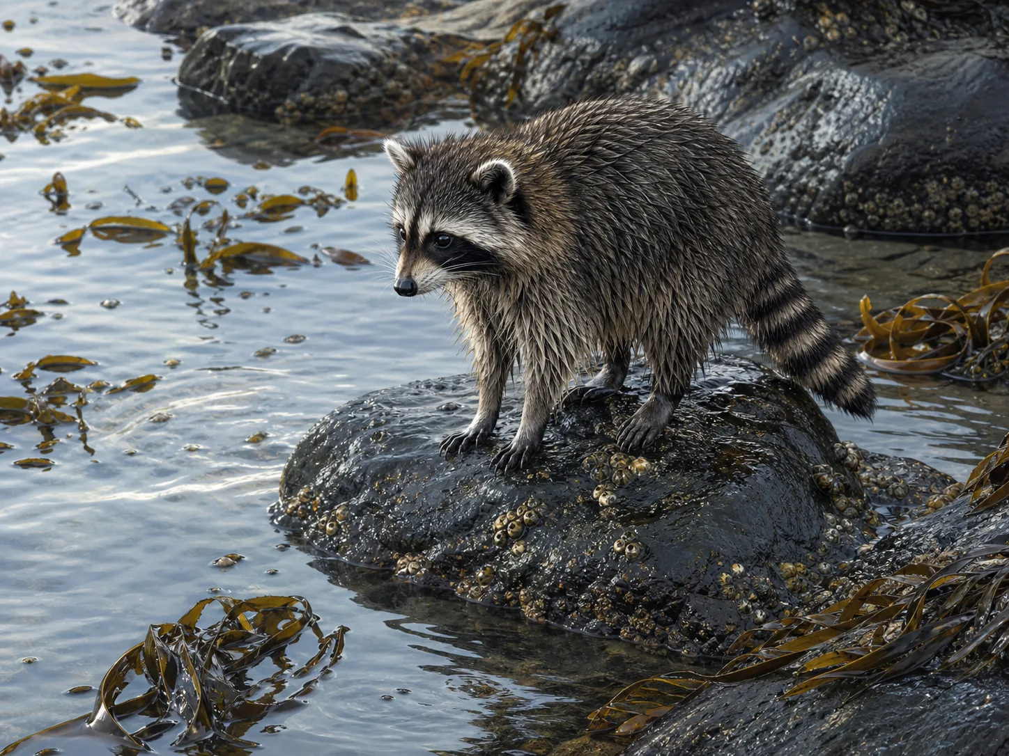 Океанический енот стоит на мокром черном камне среди водорослей и приливной воды